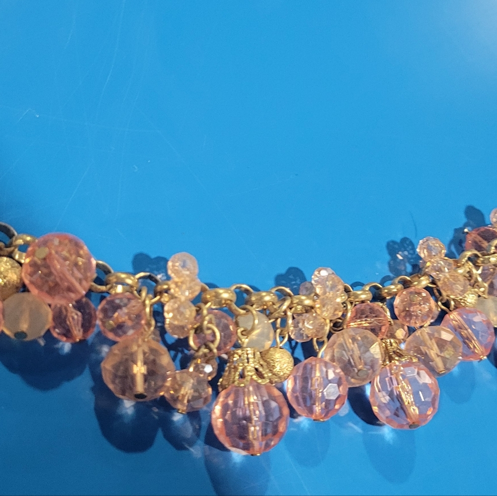Gold Chain Beaded Pink Crystal Necklace Layered Textured Beads of Pink & Gold - Picture 2 of 5